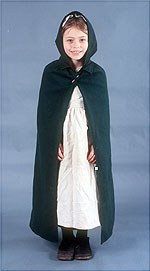 girl wearing dark green wool cape with large hood