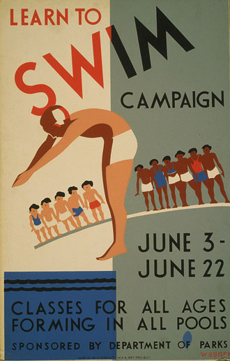 file:/activities/oralhistory/cappics/pryor1934_swim, alt: poster that reads: Learn to swim campaign